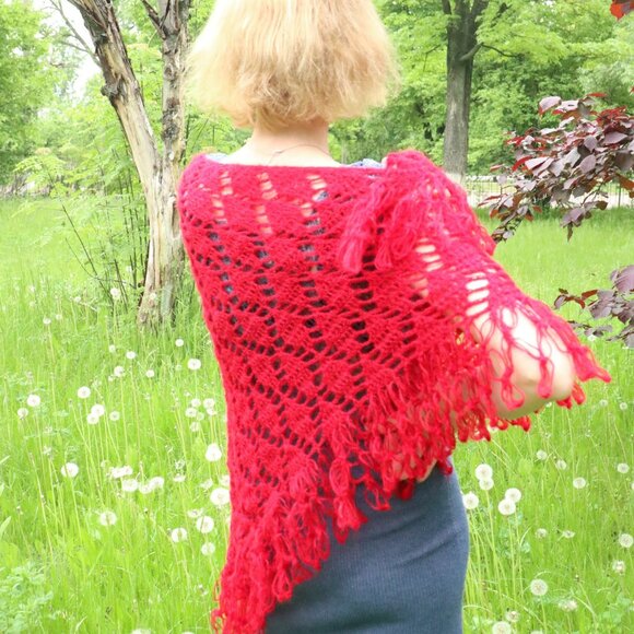 Handmade Crochet Red Shawl Triangle Wrap - Picture 3 of 3